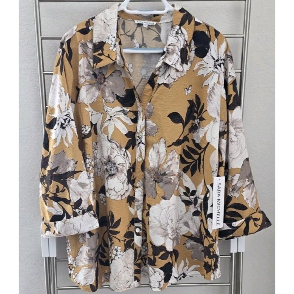 Sara Michelle Floral Blouse Womens 3X‎ Plus Roll Tab Sleeve Rayon Top